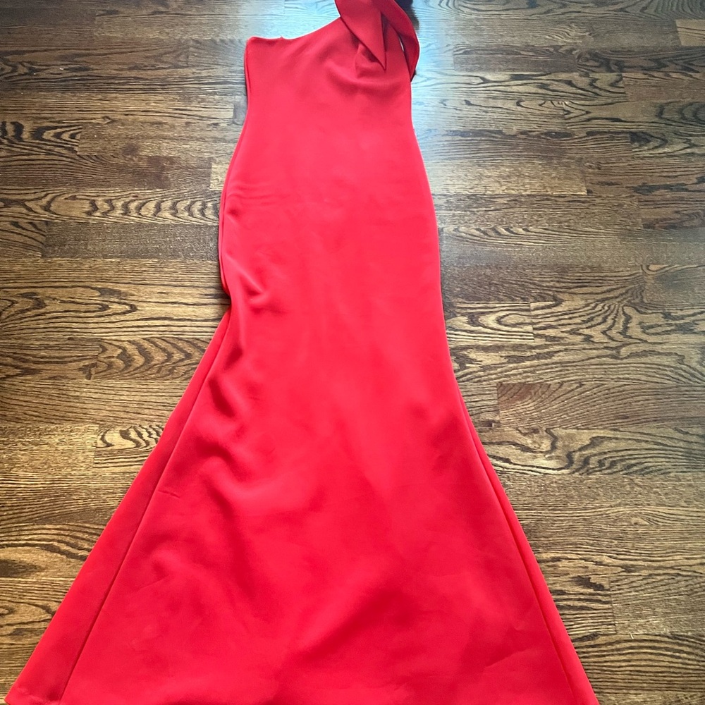 Betsy & Adam Vibrant Red One Shoulder Gown